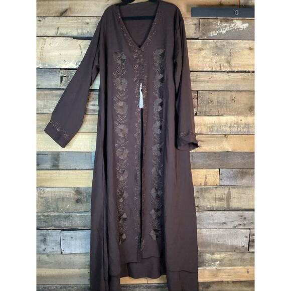 Women’s Brown Abaya With Beaded Floral Embroidery Made In India - Picture 1 of 6